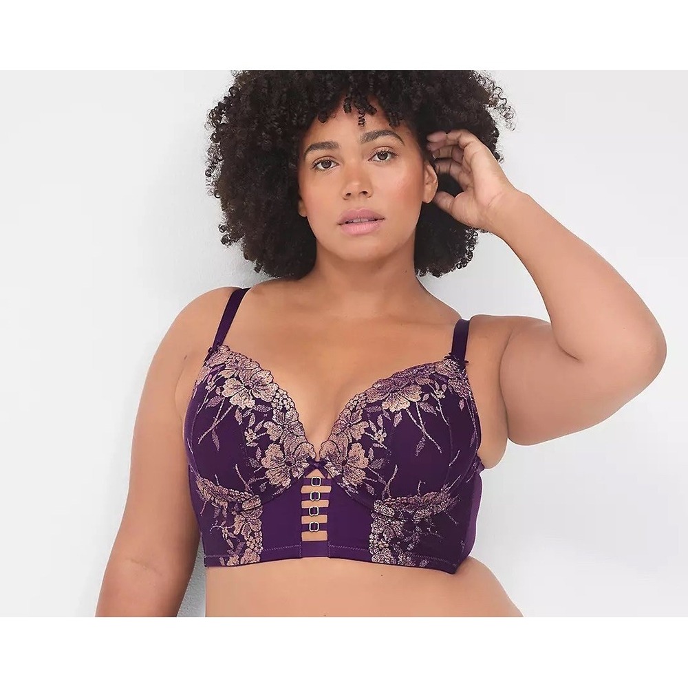 Cacique Womens Longline Boost Plunge Bra Size 42DDD Purple Gold Metallic Lace